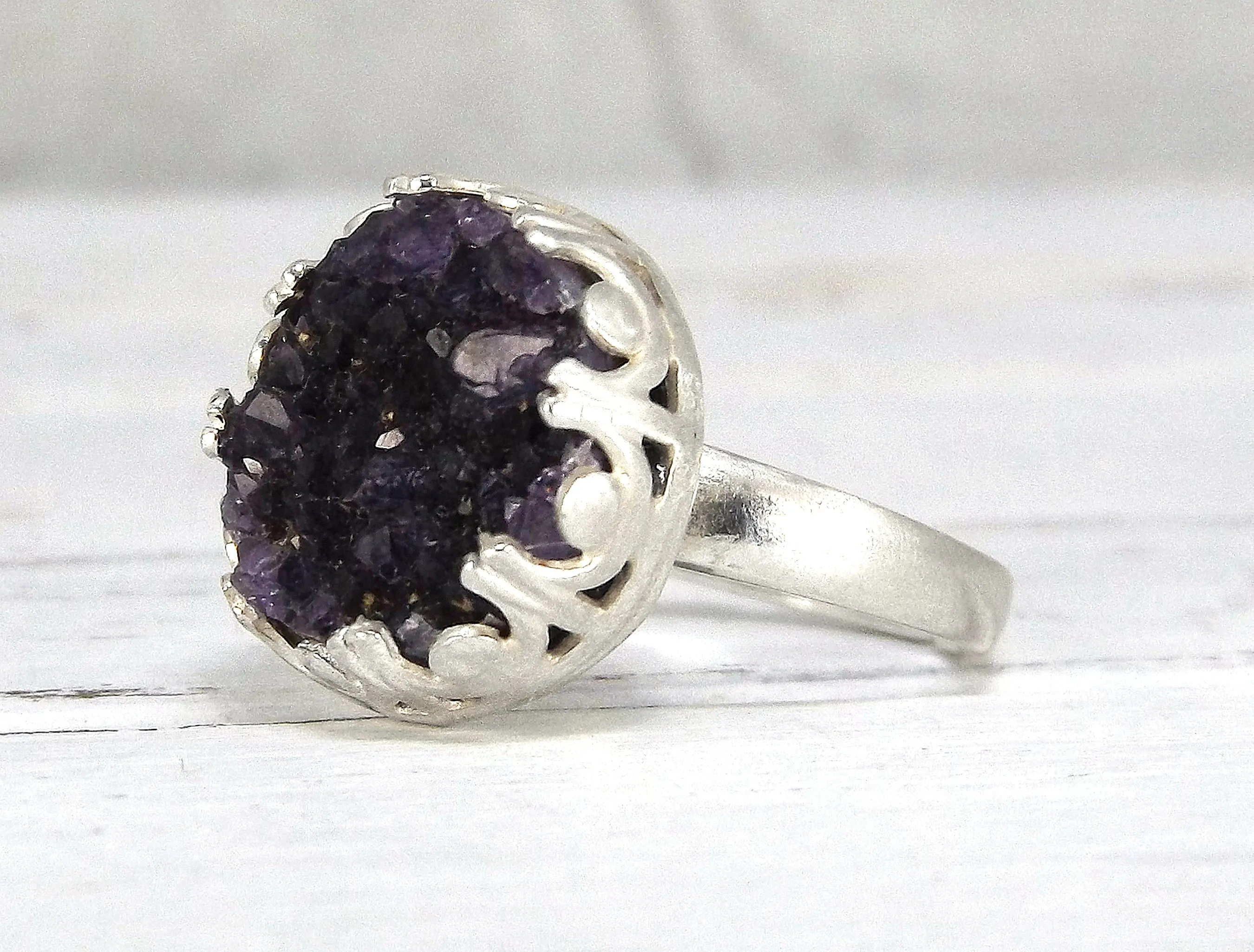 Adjustable Sterling Silver Druzy Amethyst Ring