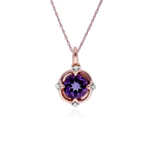 Amethyst Anhänger, 9 Karat Rosegold Halo Amethyst & Diamant Rund Schliff Anhänger auf 45cm Kette