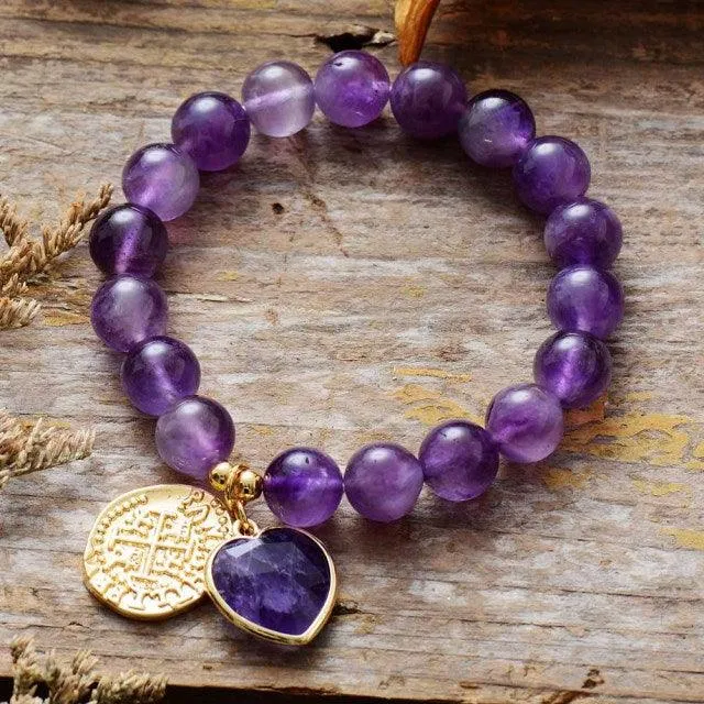 Amethyst Heart Charm & Beads Stretchy Bracelet