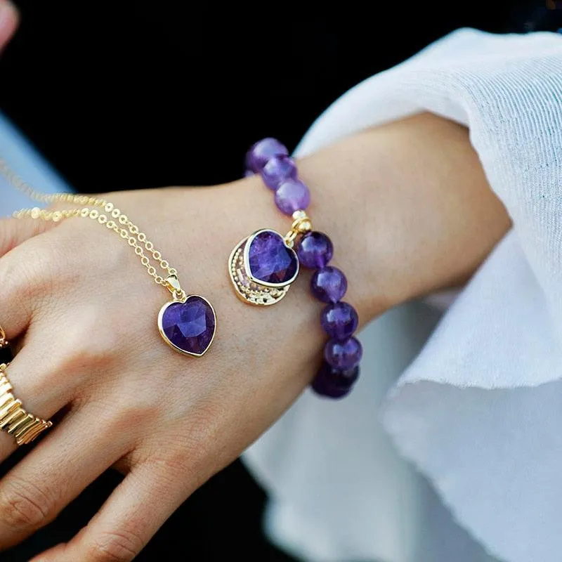 Amethyst Heart Charm & Beads Stretchy Bracelet