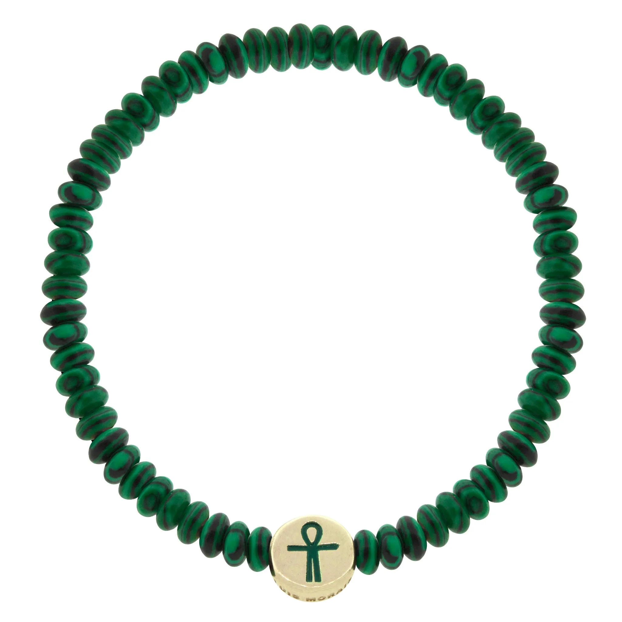 Ankh Recessed Enameled Gold Disk on Malachite Beaded Bracelet