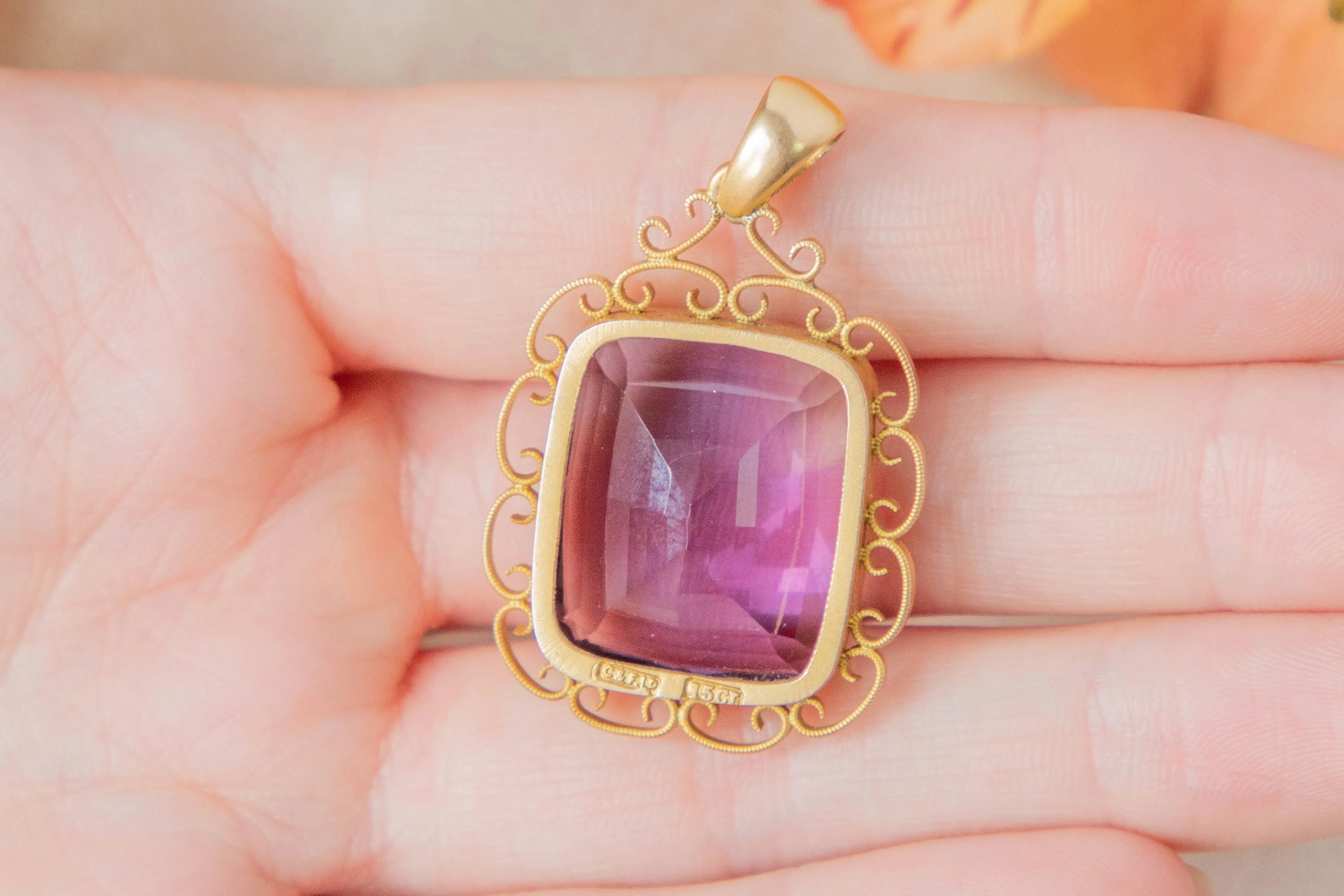 Antique 15ct Gold Rectangular Amethyst Pendant, 20.20ct