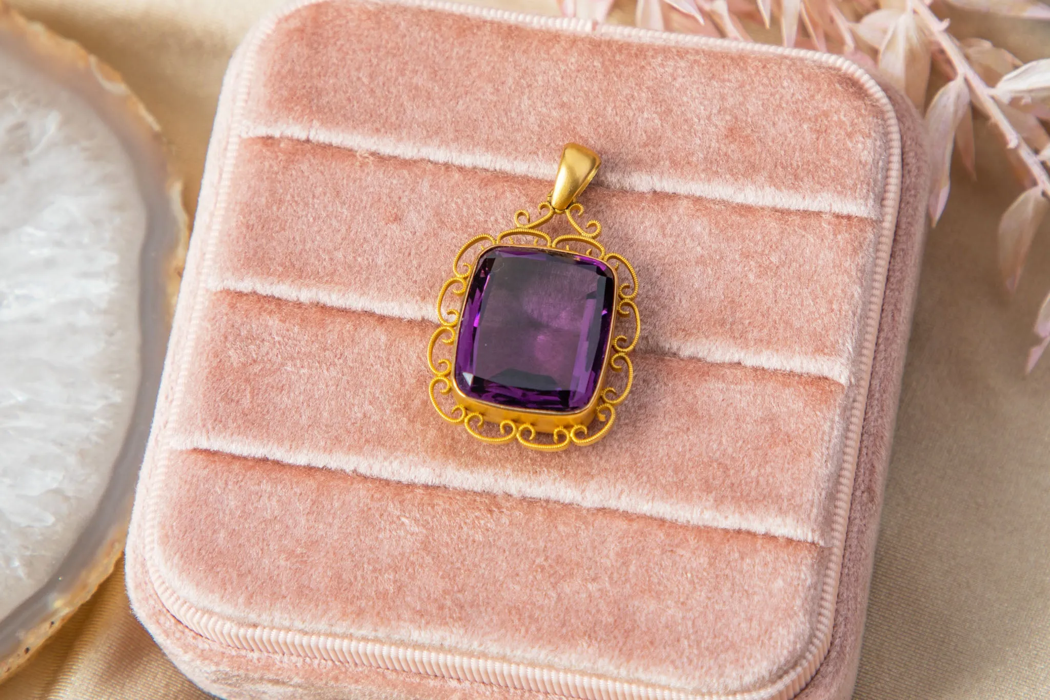 Antique 15ct Gold Rectangular Amethyst Pendant, 20.20ct