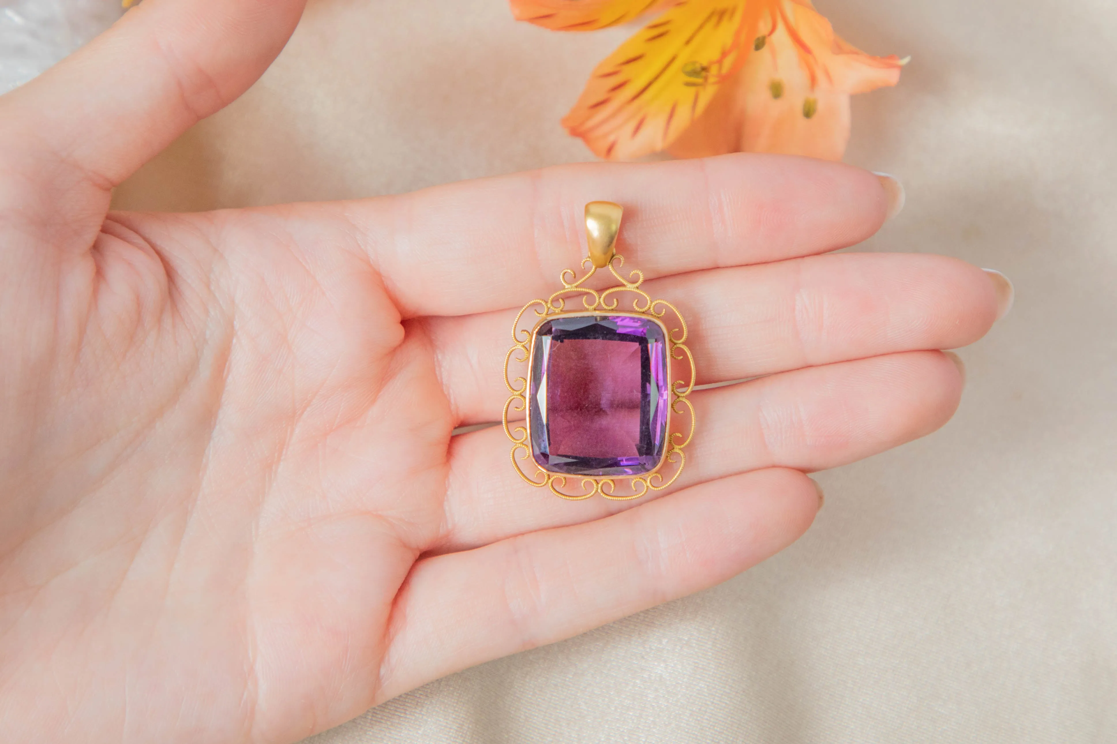 Antique 15ct Gold Rectangular Amethyst Pendant, 20.20ct