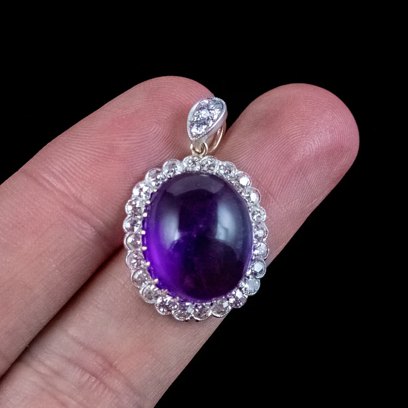 Antique Edwardian Cabochon Amethyst Diamond Pendant 16ct Amethyst