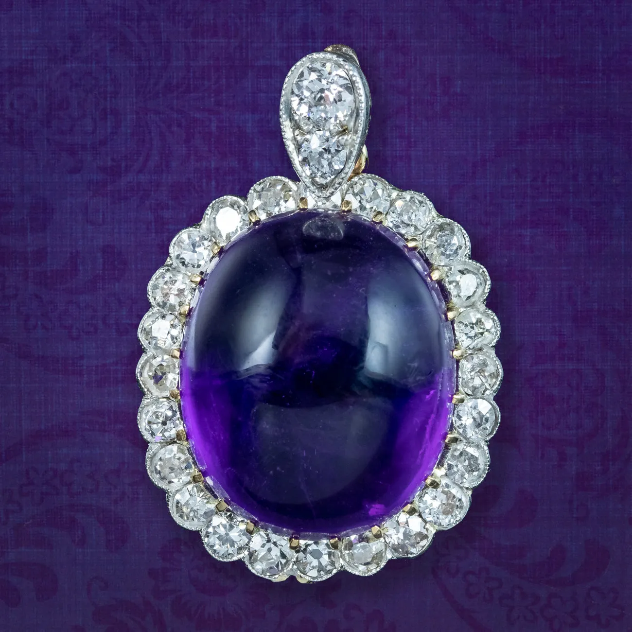 Antique Edwardian Cabochon Amethyst Diamond Pendant 16ct Amethyst