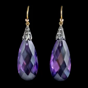 Antique Victorian Amethyst Diamond Drop Earrings Silver 18Ct Gold Circa 1900