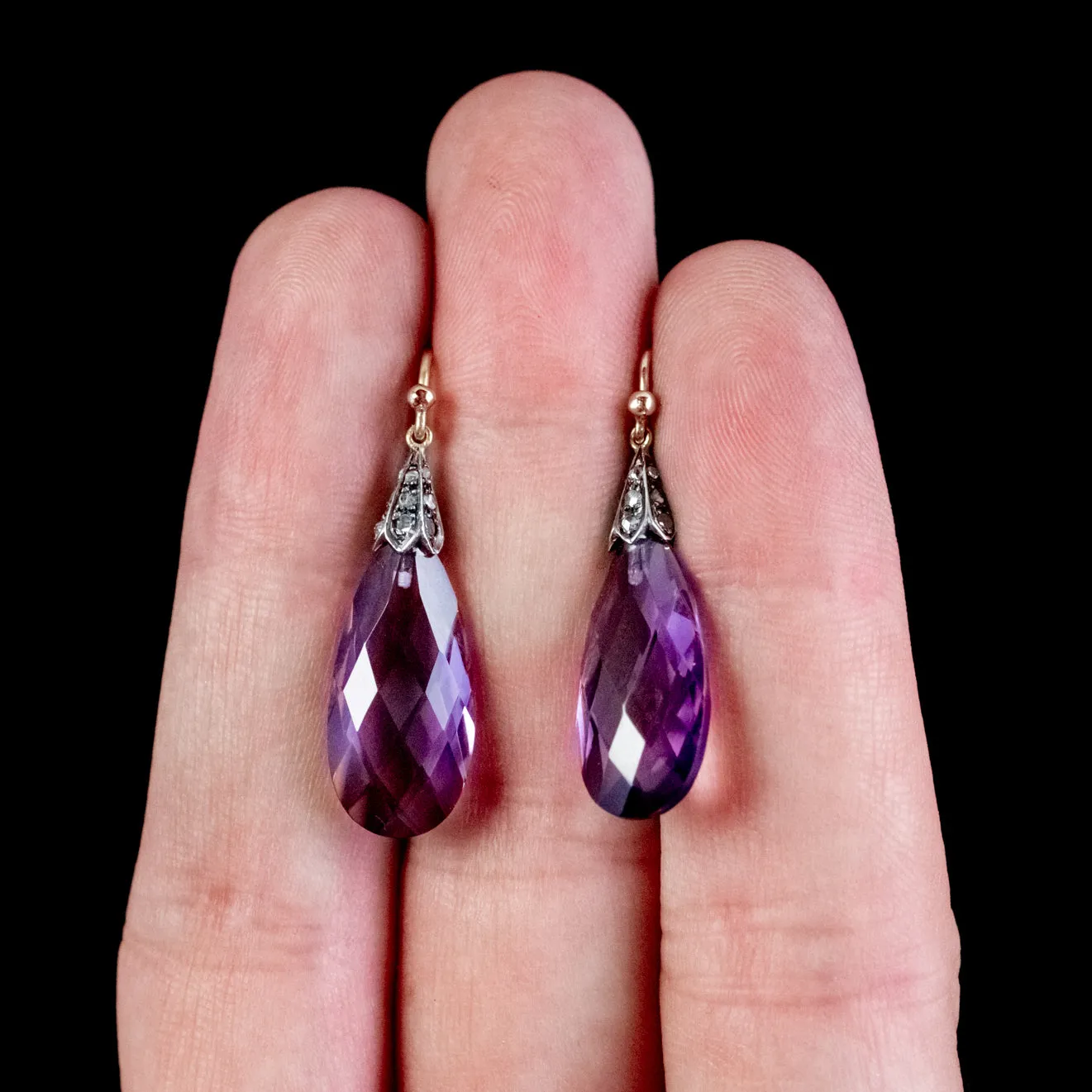 Antique Victorian Amethyst Diamond Drop Earrings Silver 18Ct Gold Circa 1900