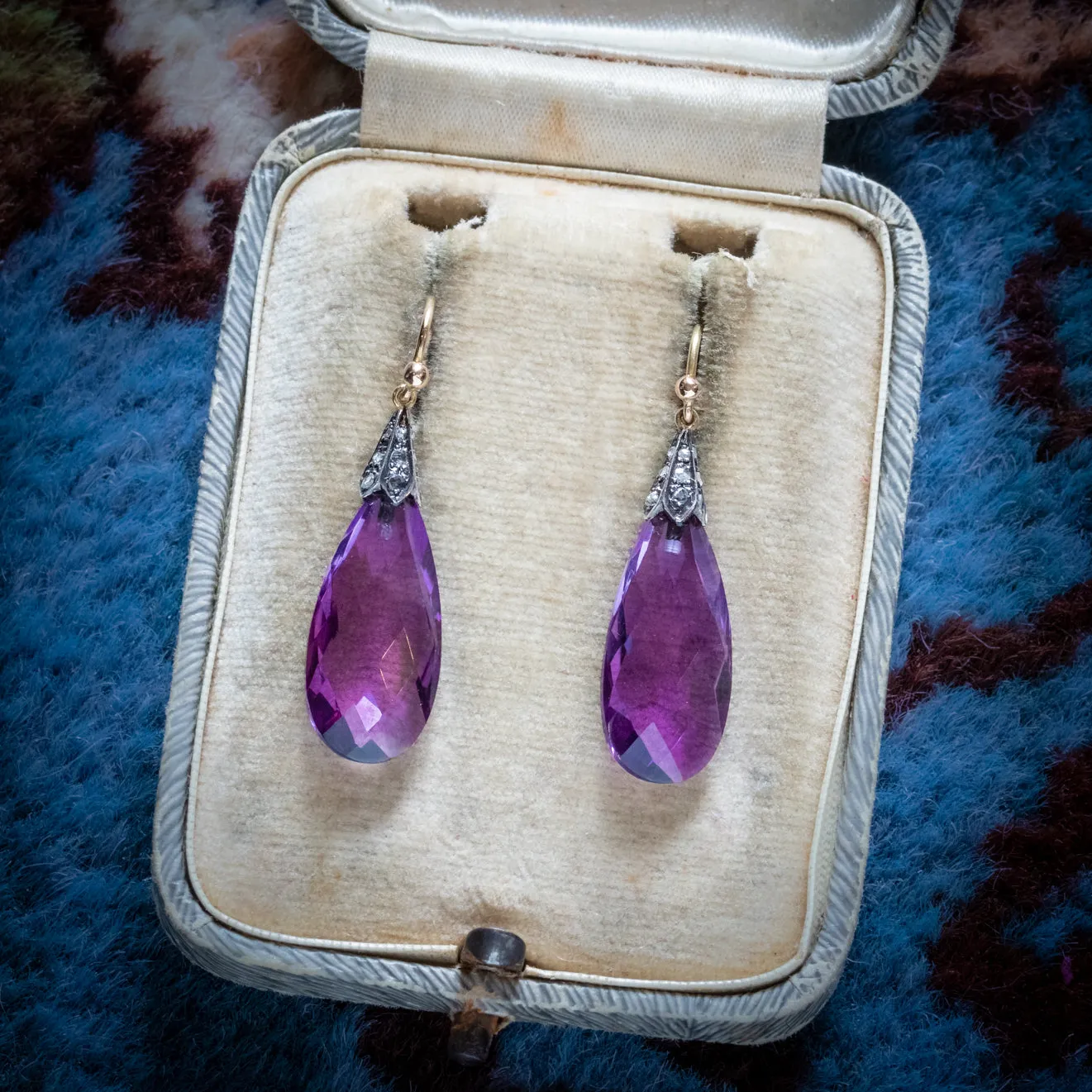 Antique Victorian Amethyst Diamond Drop Earrings Silver 18Ct Gold Circa 1900