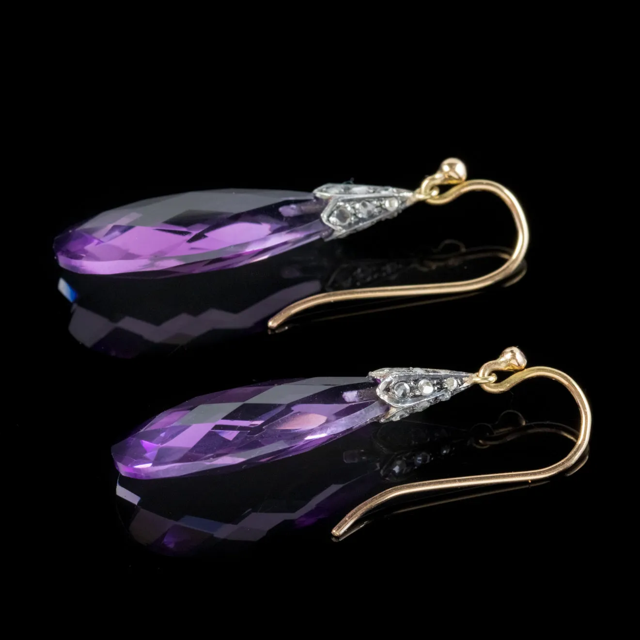 Antique Victorian Amethyst Diamond Drop Earrings Silver 18Ct Gold Circa 1900