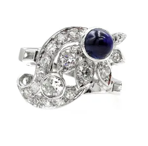 Art Deco 2.50ct OLD European Diamond & Sugarloaf Sapphire 14k White Gold Ring