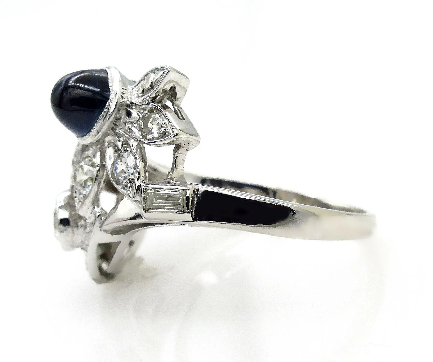 Art Deco 2.50ct OLD European Diamond & Sugarloaf Sapphire 14k White Gold Ring