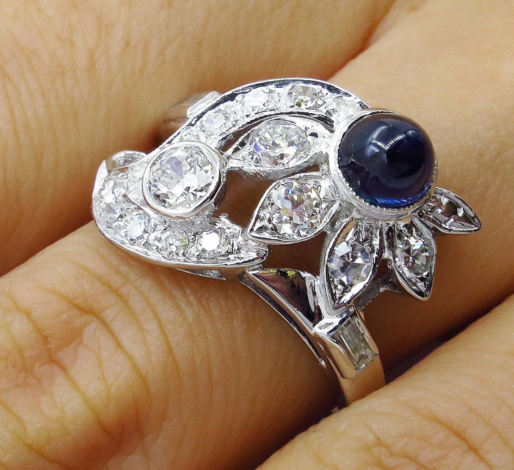 Art Deco 2.50ct OLD European Diamond & Sugarloaf Sapphire 14k White Gold Ring