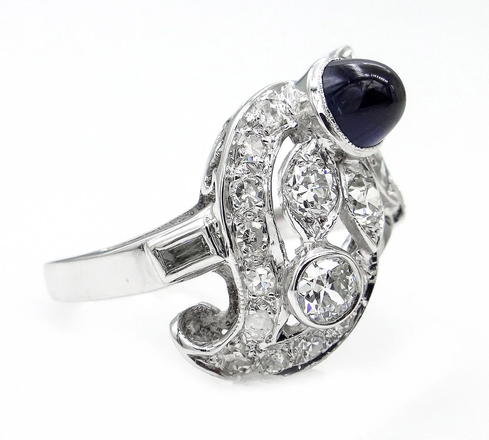 Art Deco 2.50ct OLD European Diamond & Sugarloaf Sapphire 14k White Gold Ring