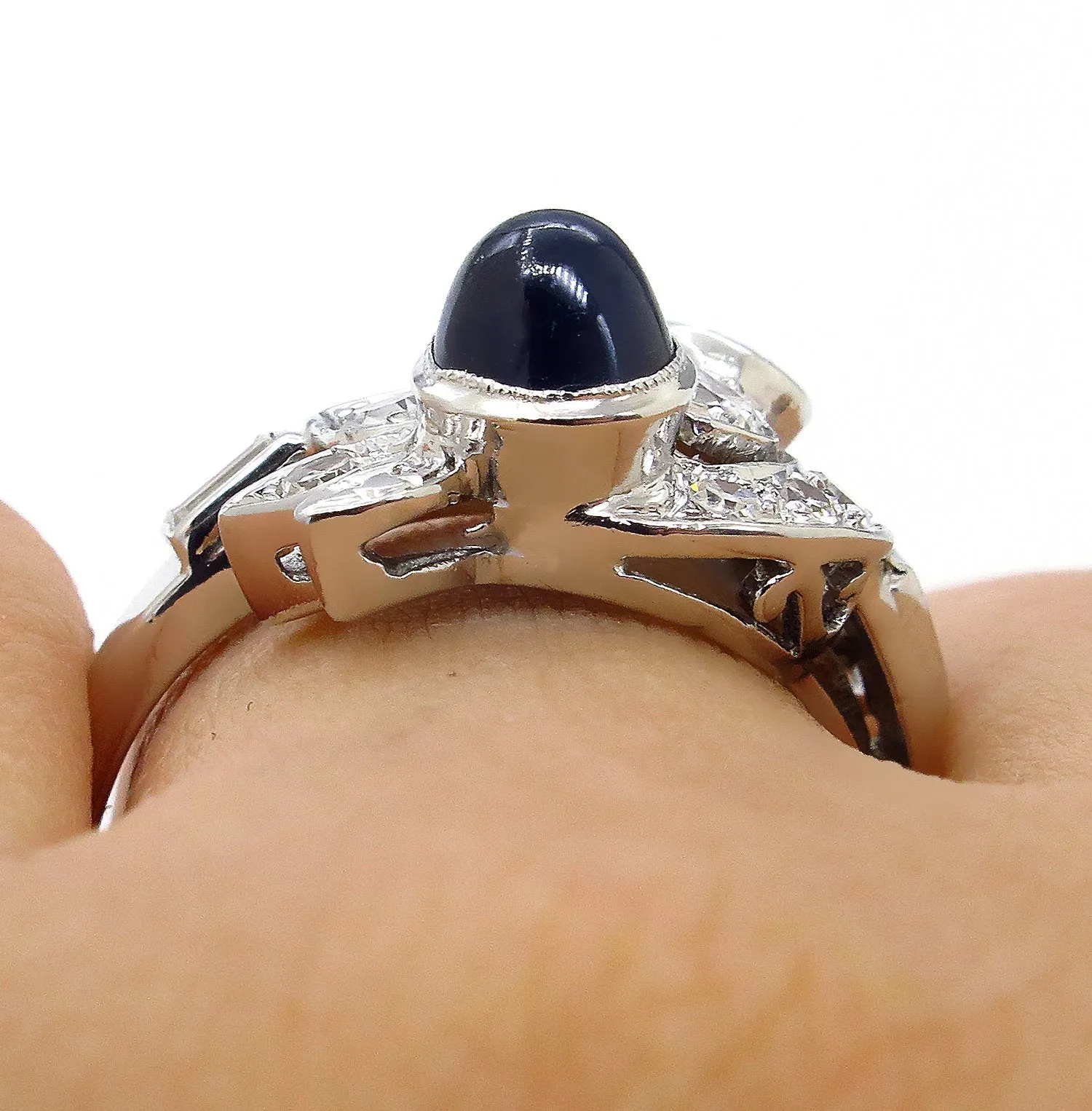 Art Deco 2.50ct OLD European Diamond & Sugarloaf Sapphire 14k White Gold Ring