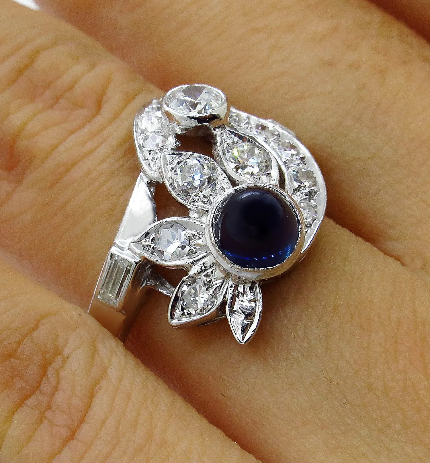 Art Deco 2.50ct OLD European Diamond & Sugarloaf Sapphire 14k White Gold Ring