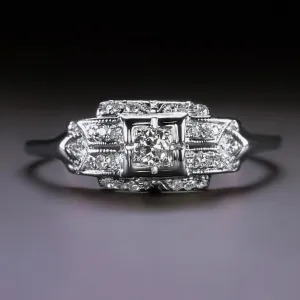 ART DECO DIAMOND COCKTAIL RING 18k WHITE GOLD OLD CUT VINTAGE ENGAGEMENT 1920s