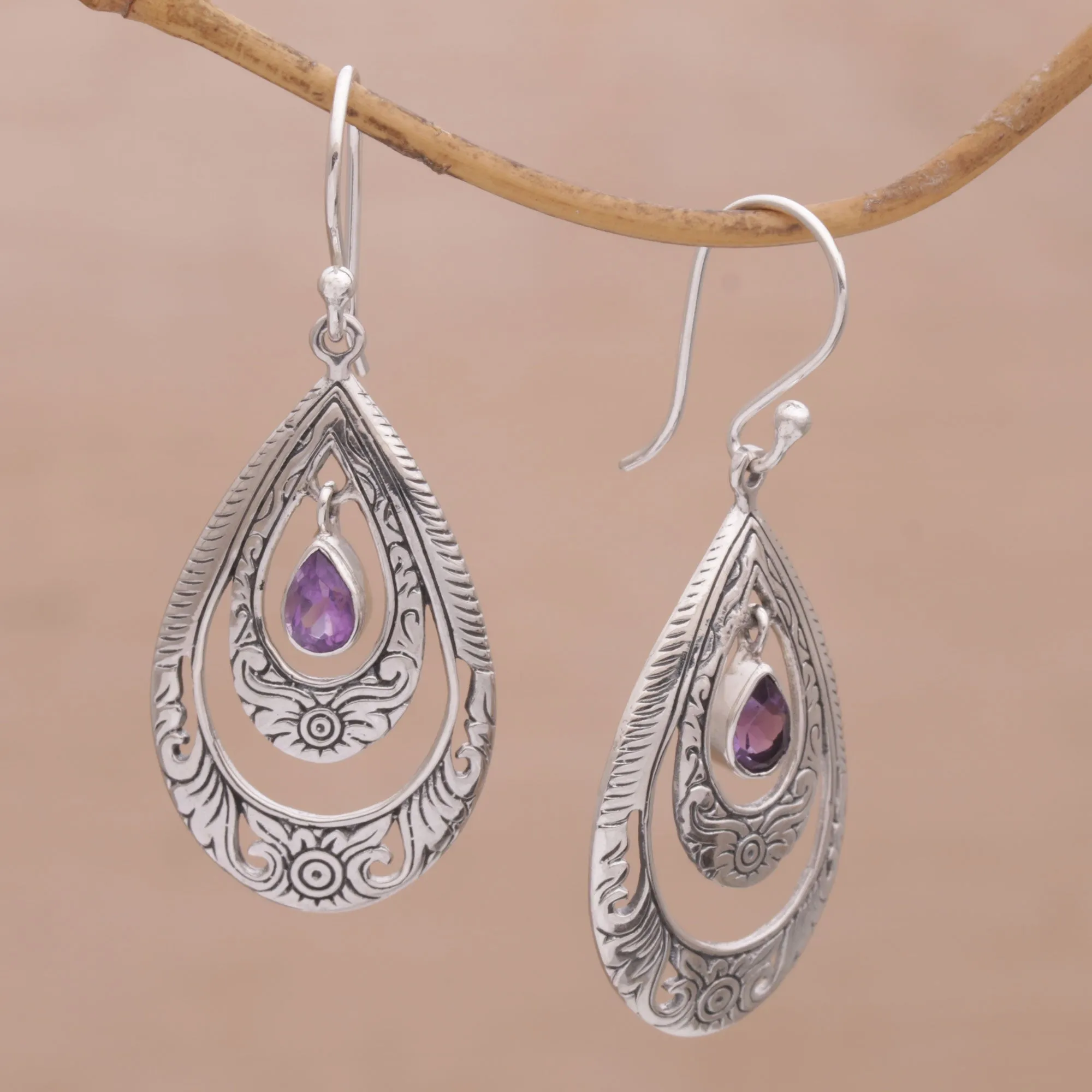 Artisan Handmade Amethyst 925 Sterling Silver Earrings - Gift of Flowers in Purple | NOVICA