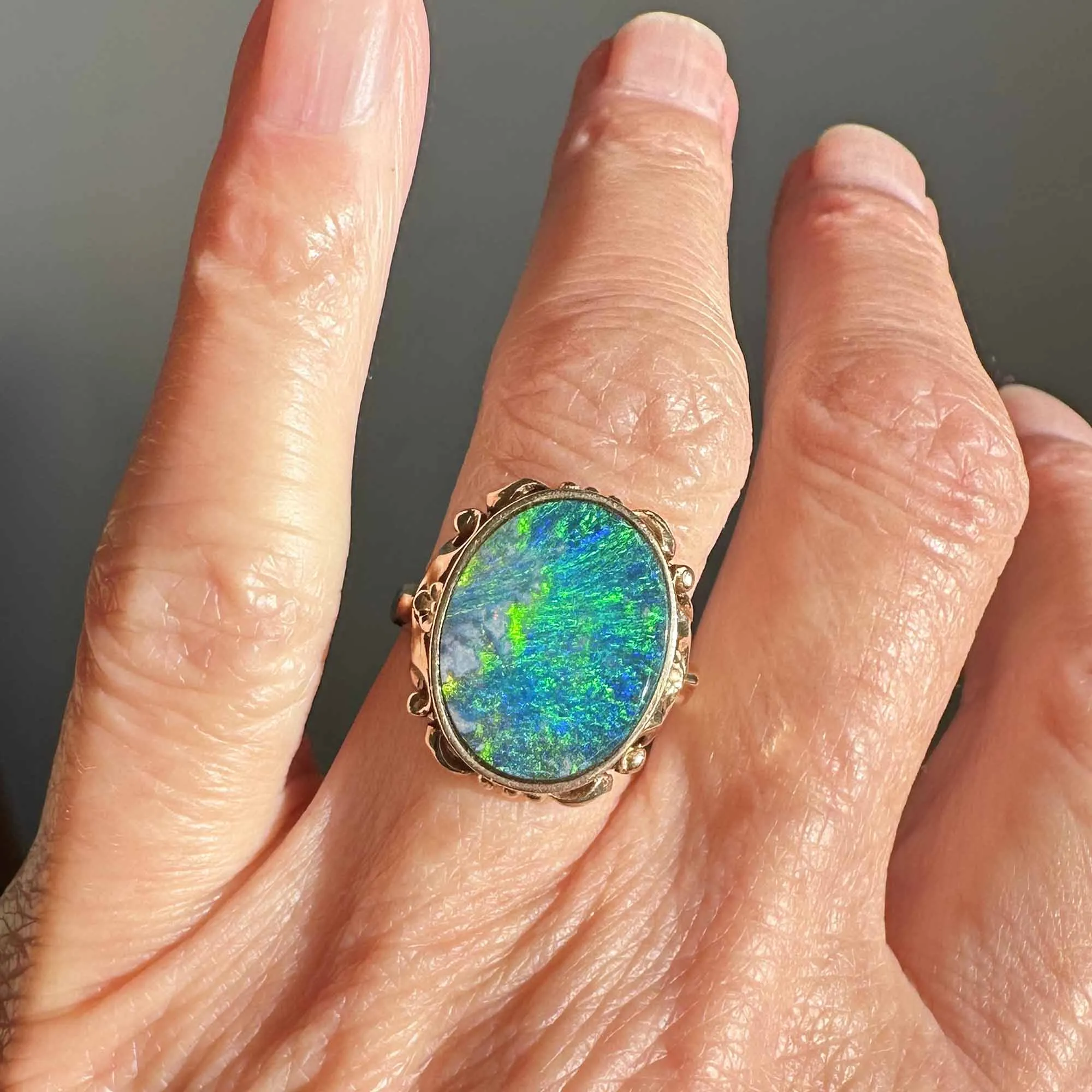 Australian Blue Lagoon Boulder Opal Ring in 14K Gold