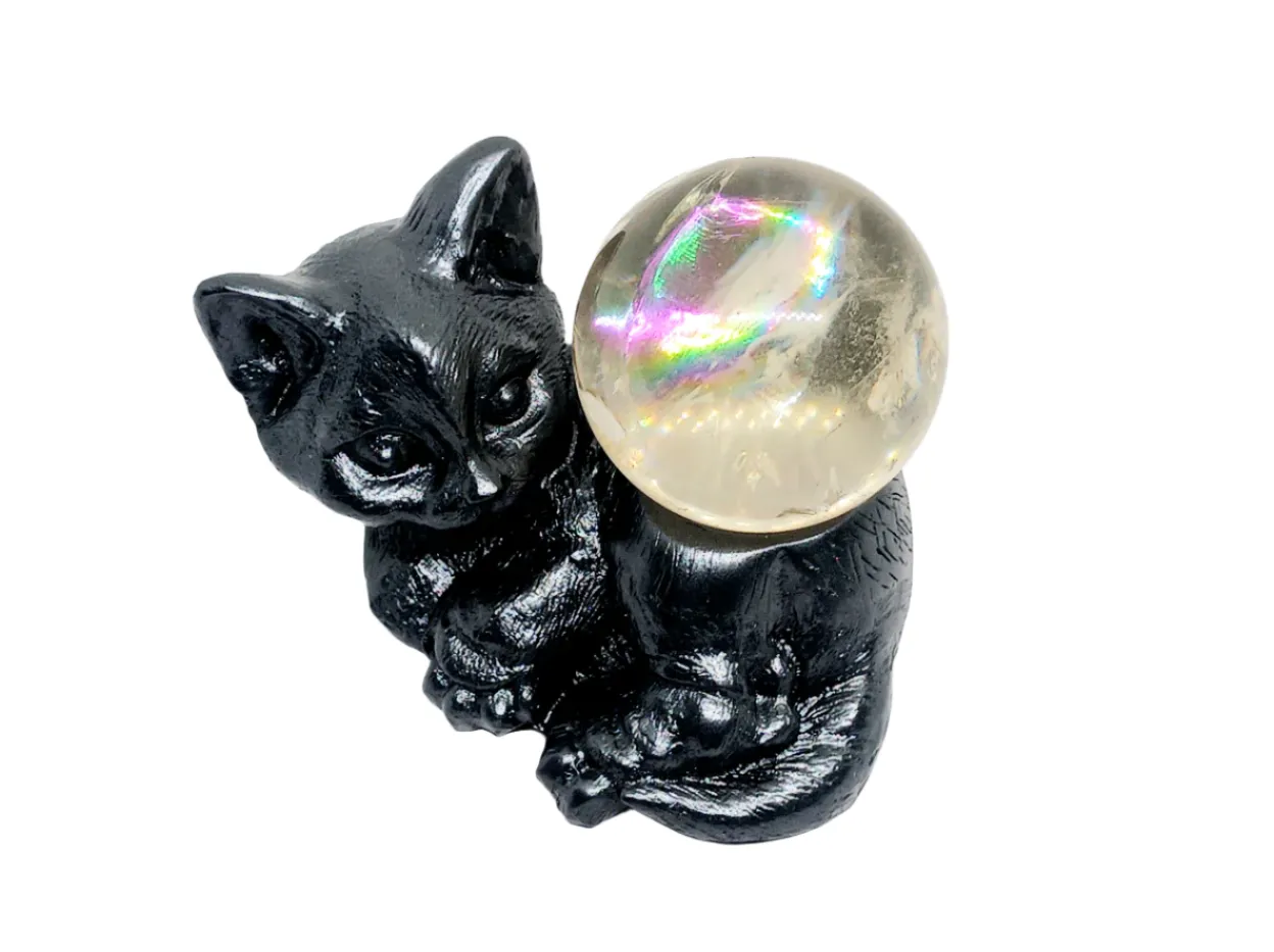 Black Cat Resin Sphere Holder with a Smoky Citrine Sphere