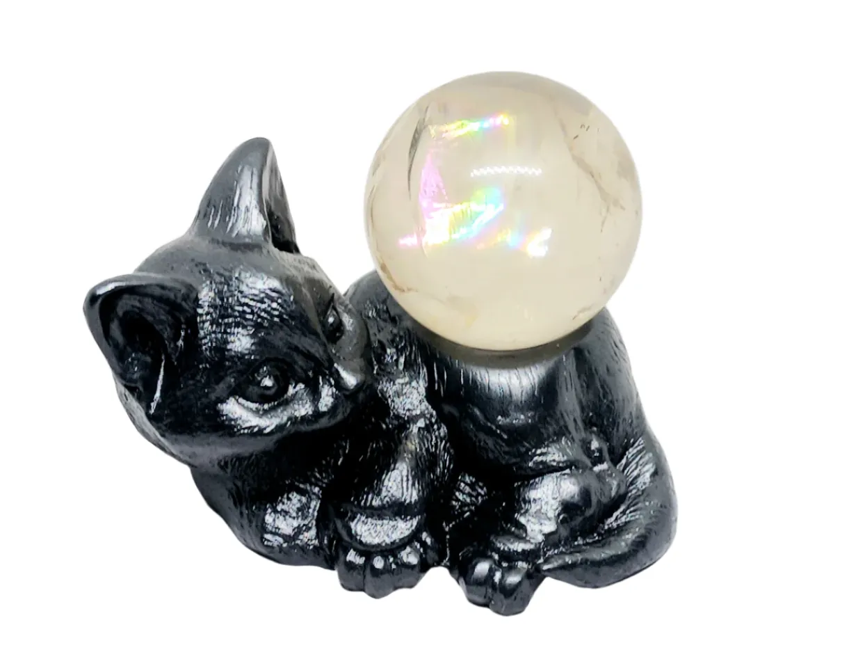 Black Cat Resin Sphere Holder with a Smoky Citrine Sphere