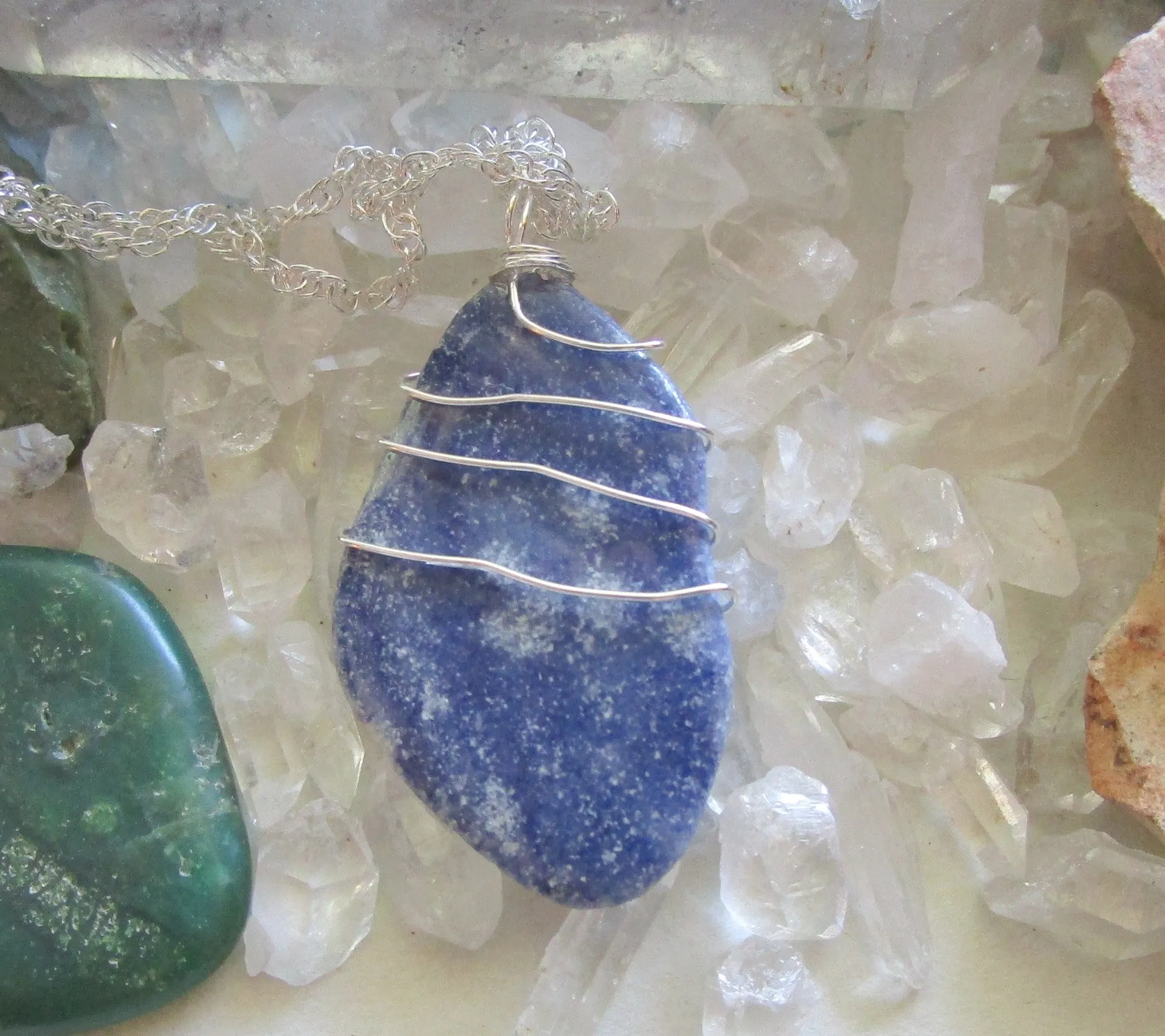 Blue Aventurine Natural Crystal Wire Wrapped Pendant Necklace