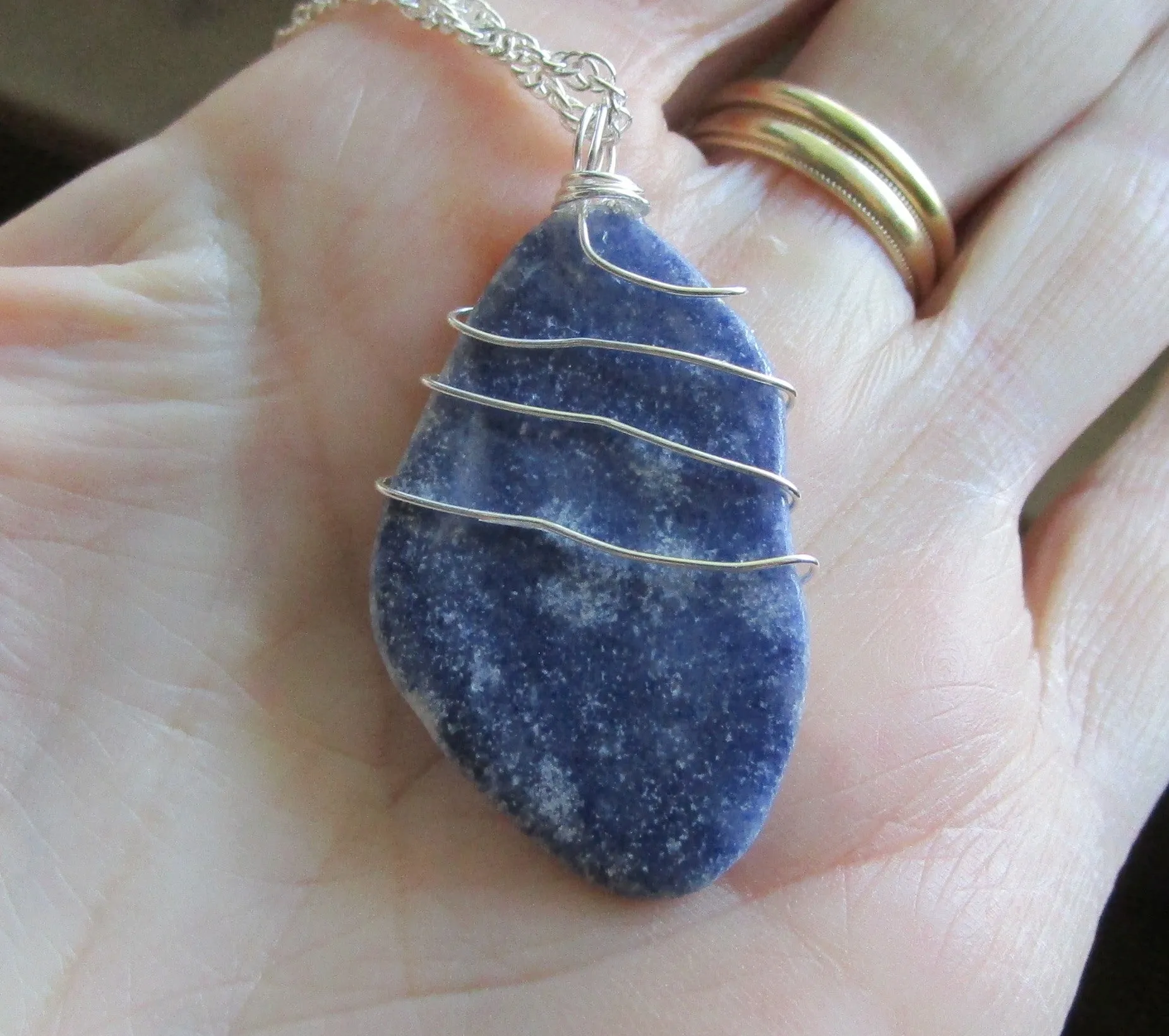 Blue Aventurine Natural Crystal Wire Wrapped Pendant Necklace