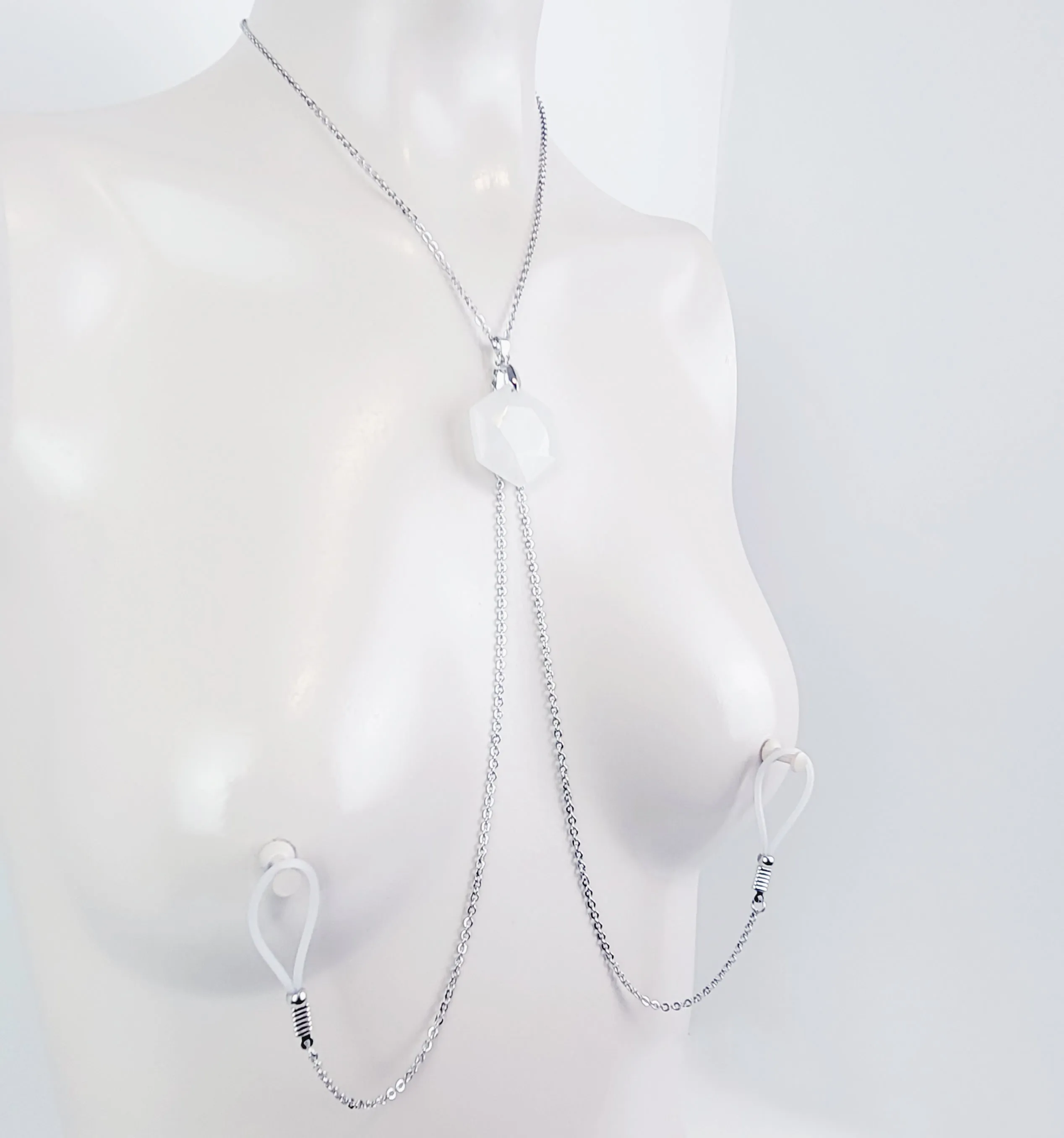 Crystal Necklace to Nipple, Stainless Steel with Quartz Crystal and Non Piercing Nipple Nooses or Clamps