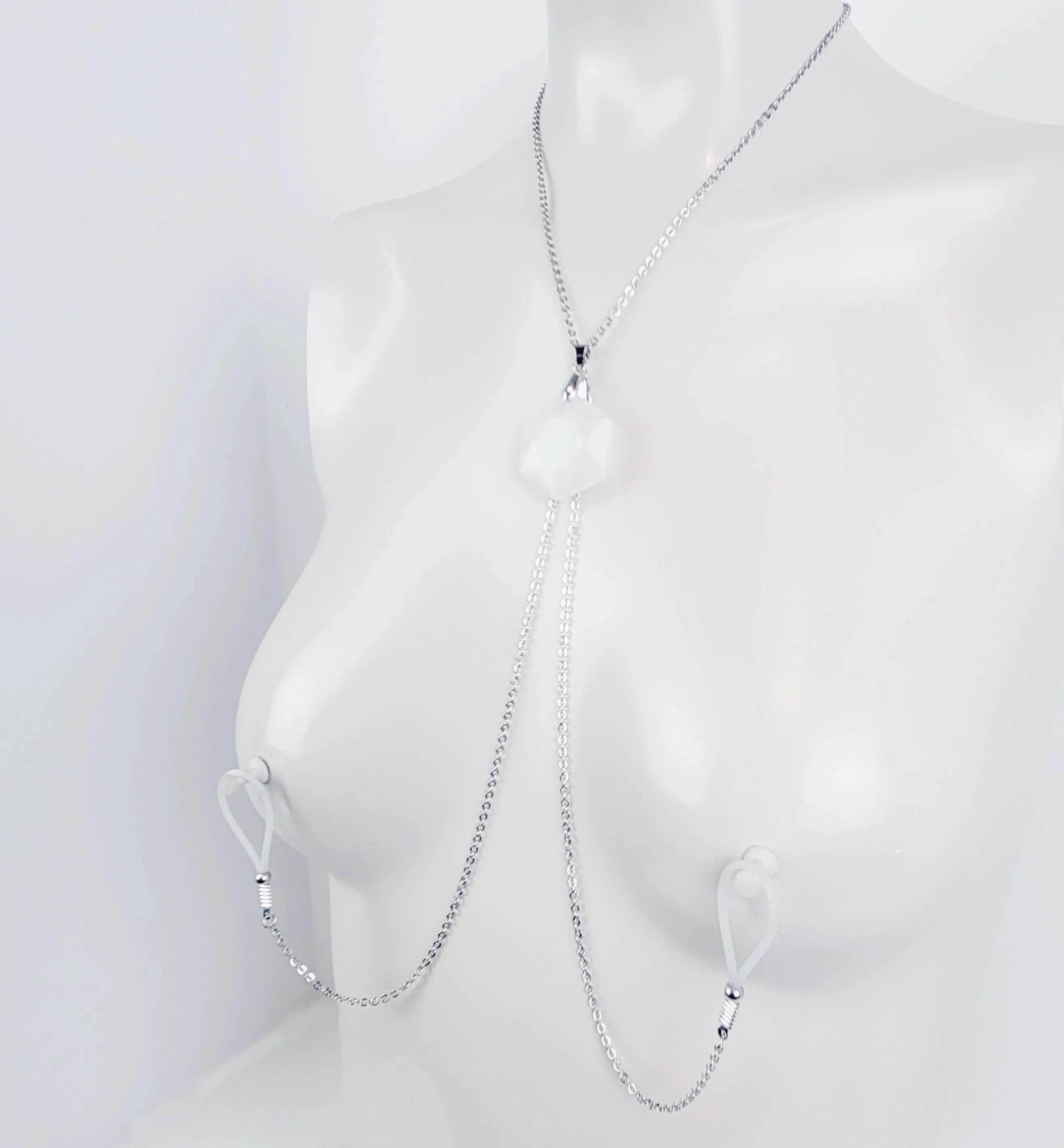 Crystal Necklace to Nipple, Stainless Steel with Quartz Crystal and Non Piercing Nipple Nooses or Clamps