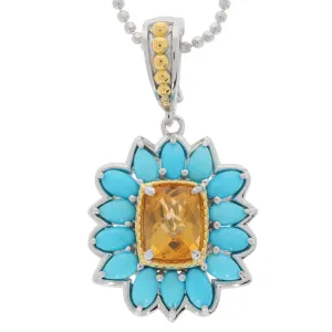 Cushion Yellow Citrine Sterling Silver Pendant with Turquoise Accent