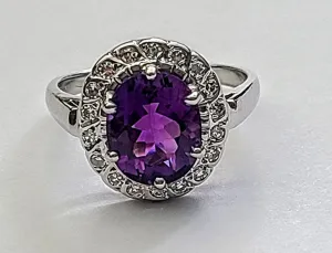 Custom Handcrafted 14K White Gold Amethyst and Diamond Ring