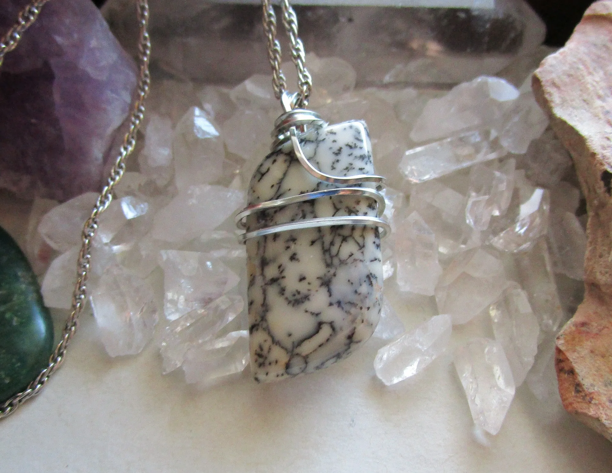 Dendrite Agate Natural Wire Wrapped Crystal Pendant Necklace