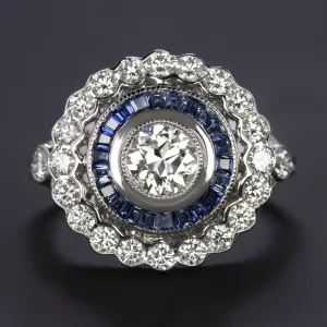 DIAMOND SAPPHIRE COCKTAIL RING DOUBLE SCALLOPED HALO TARGET WHITE GOLD NATURAL