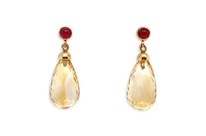 Earrings 18kt Gold Large Citrine Briolette & Ruby Cabochons