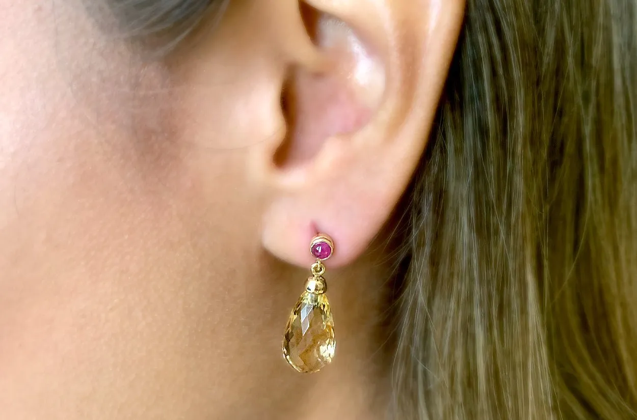 Earrings 18kt Gold Large Citrine Briolette & Ruby Cabochons