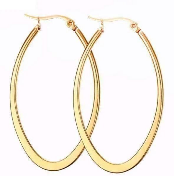 Elongated Oval Polished 18K Gold Plated Stainless Steel Hoop Earrings