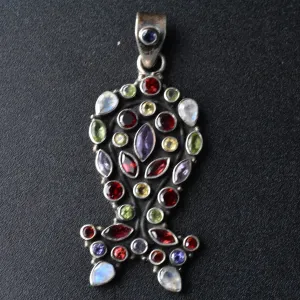 Faceted Multi-stone Himalayan Sterling Silver 925 Pendant