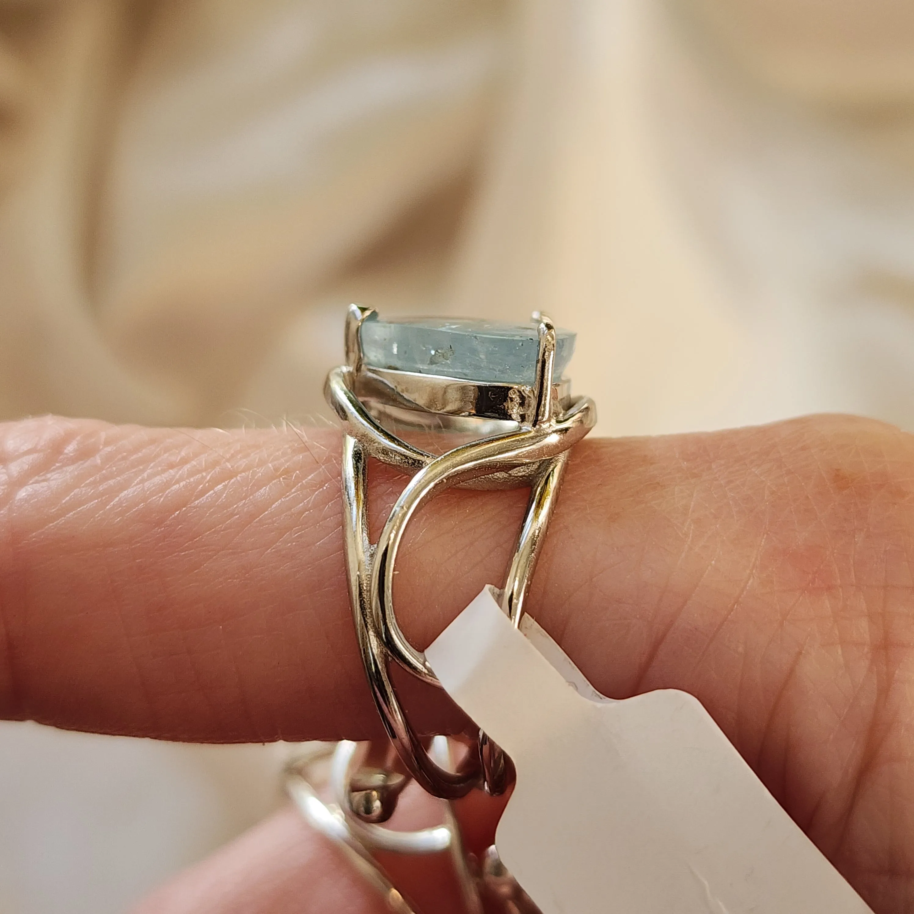 Flashy Aquamarine Finger Cuff Adjustable Ring .925 Sterling Silver for Improving Communication and Healing
