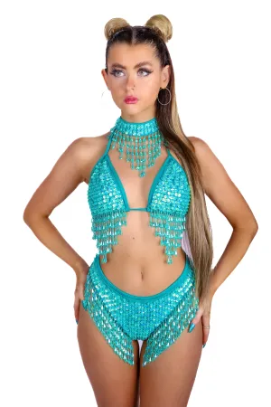 FULL OUTFIT- Aquamarine Hand Stitched Sequin Set (3 pcs)