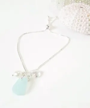 GENUINE Sea Glass Bracelet With Pearl And Crystal Fine Silver Adjustable