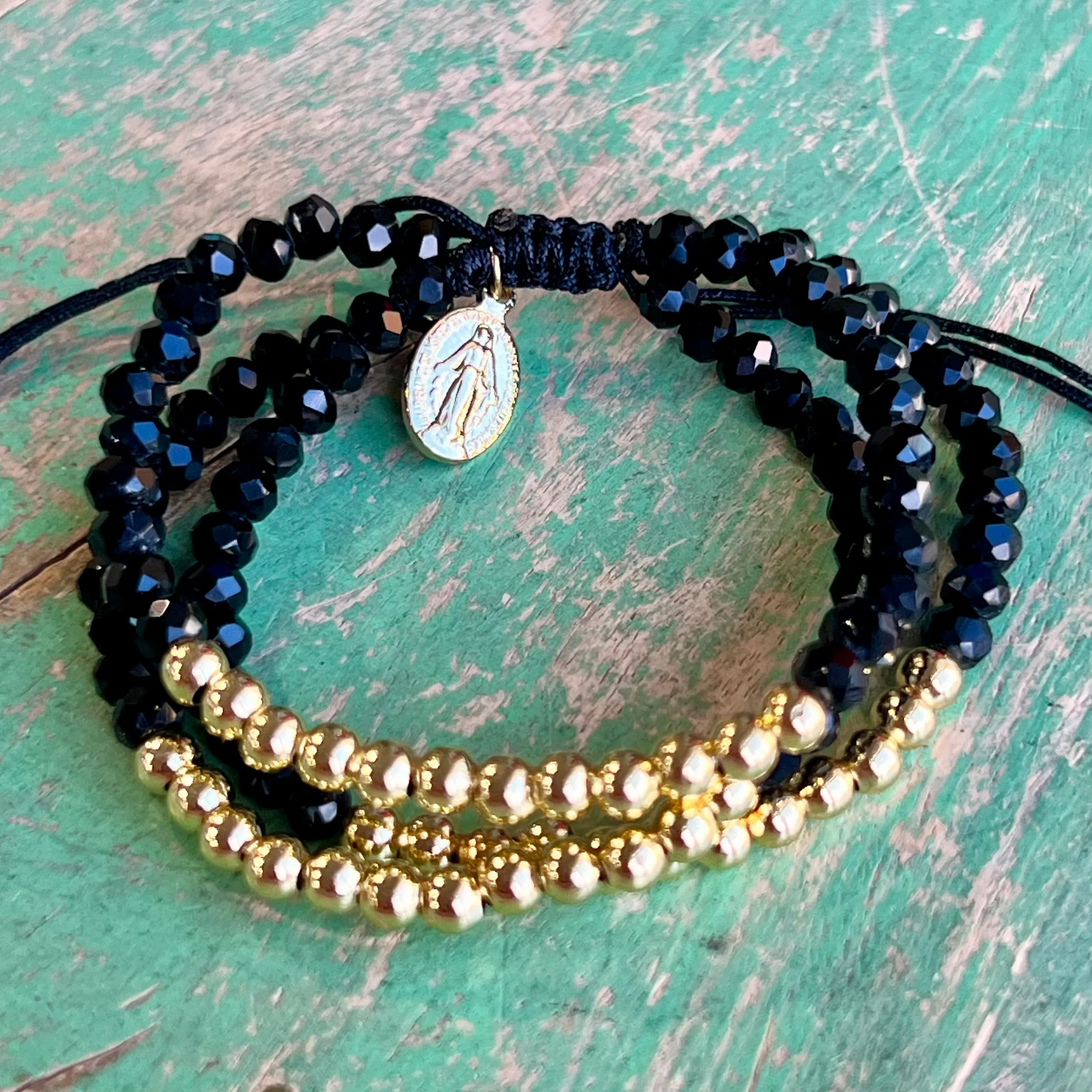 Gold and Quartz Triple Strand Miraculous Medal Adjustable Bracelet