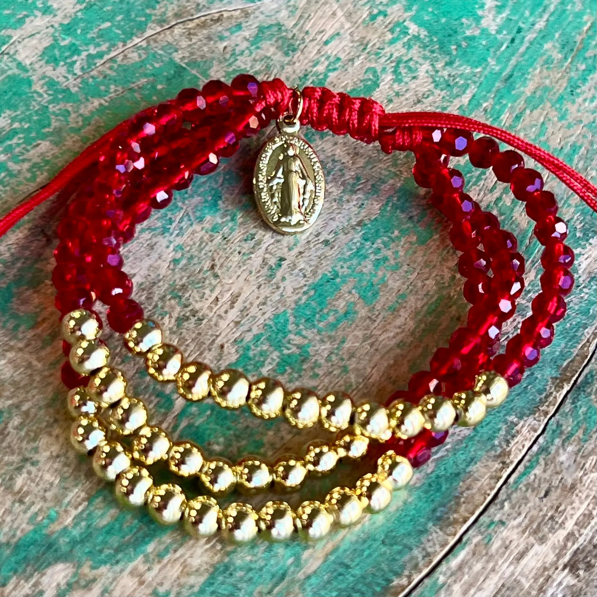 Gold and Quartz Triple Strand Miraculous Medal Adjustable Bracelet