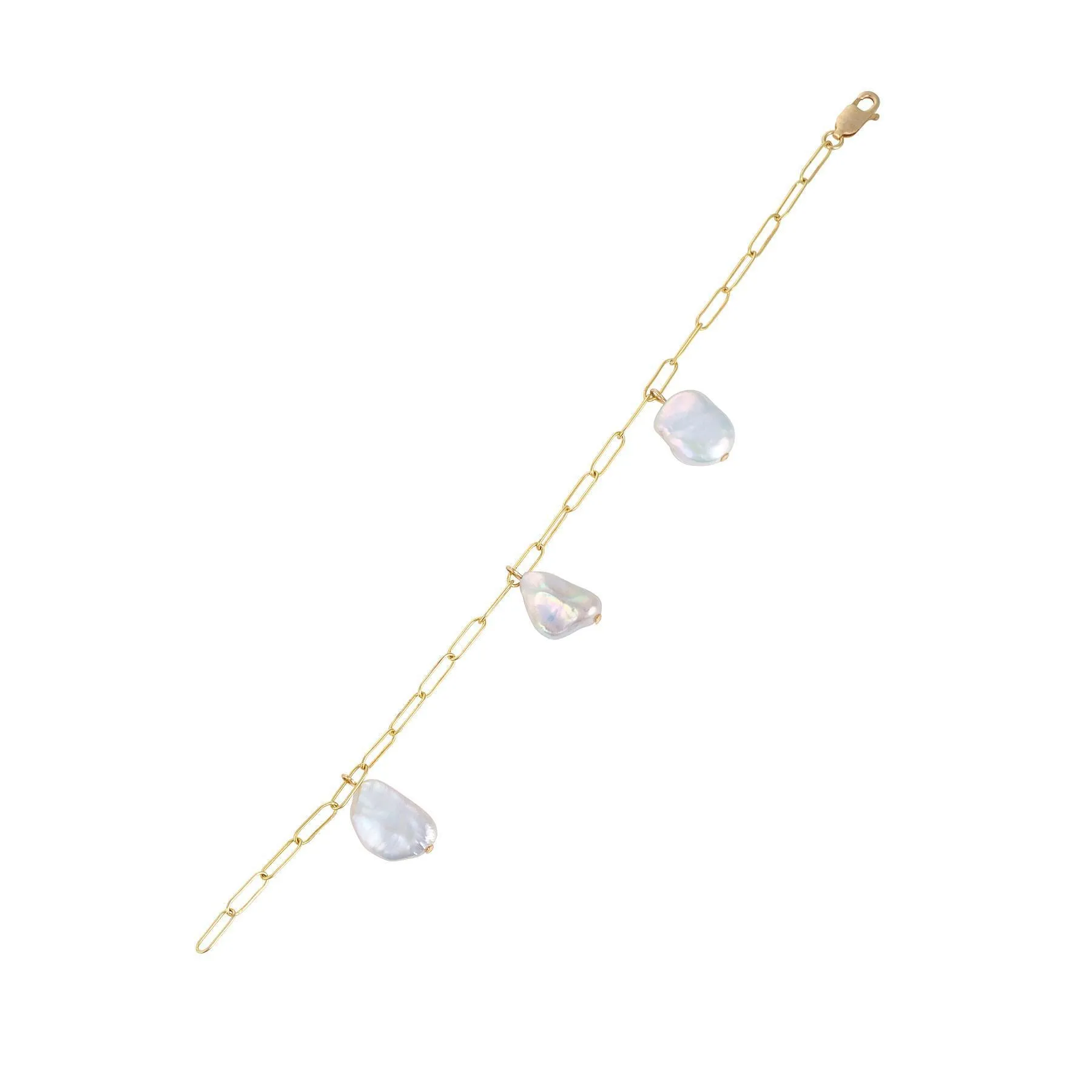 Gold Filled Paperclip Chain & Flat Baroque Pearl Bracelet