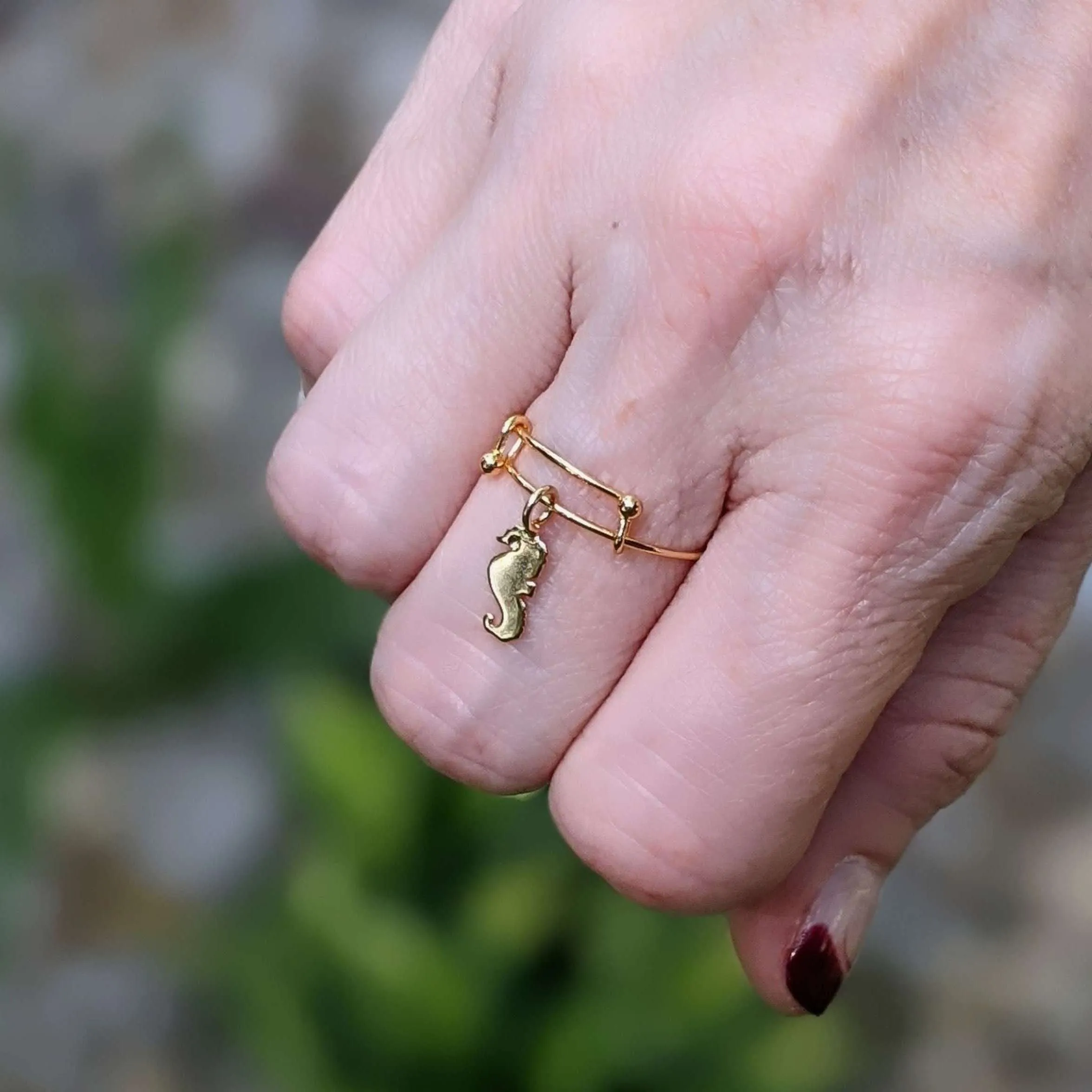 Gold Seahorse Dangle Adjustable Charm Ring