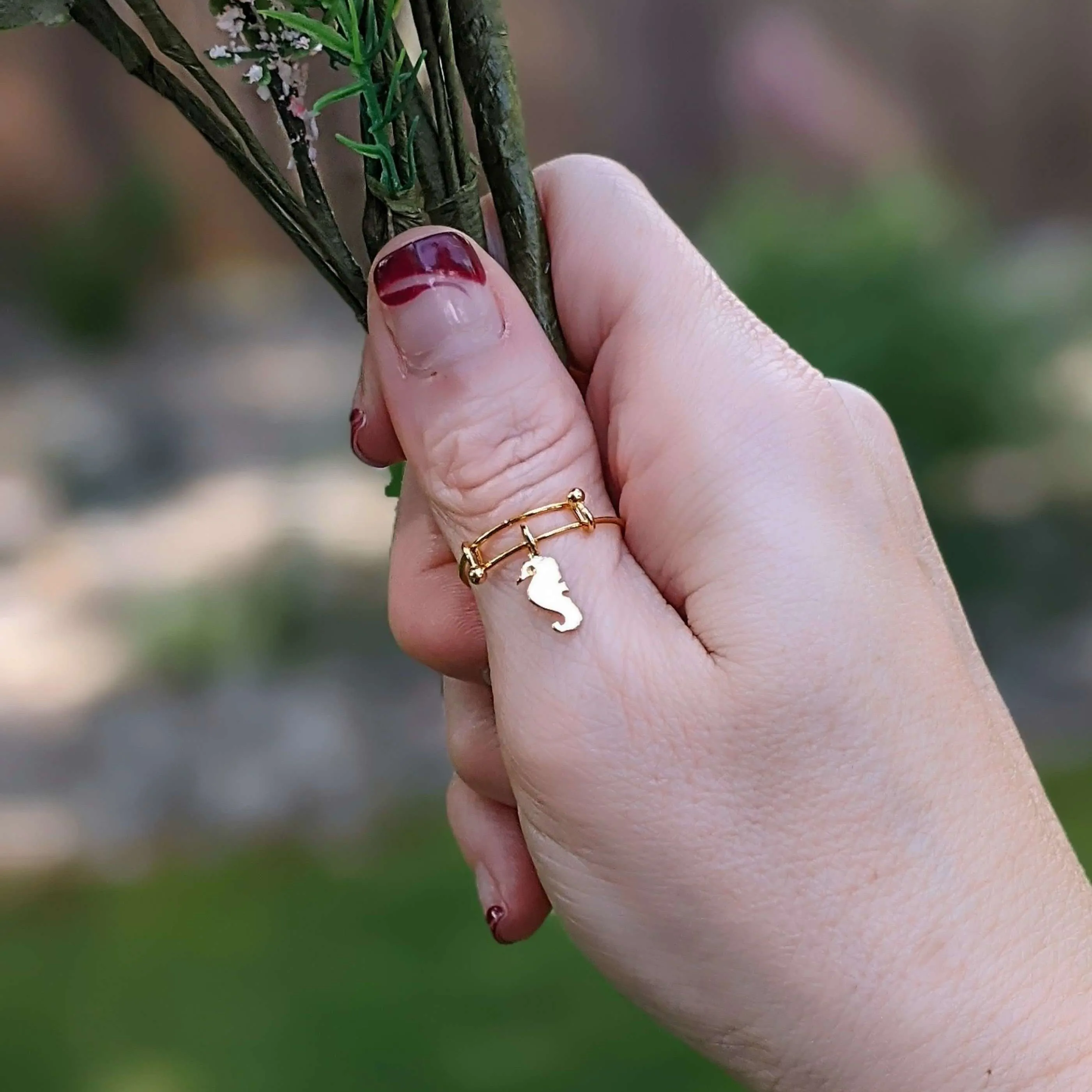 Gold Seahorse Dangle Adjustable Charm Ring