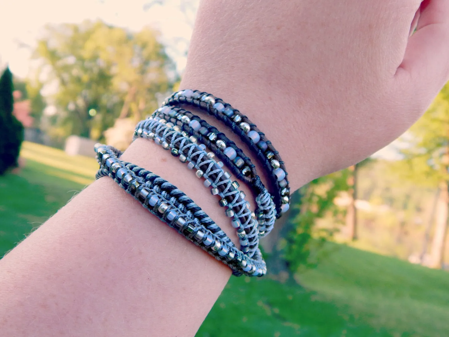 Gray and Silver Beaded Textured Macrame Leather Wrap Bracelet