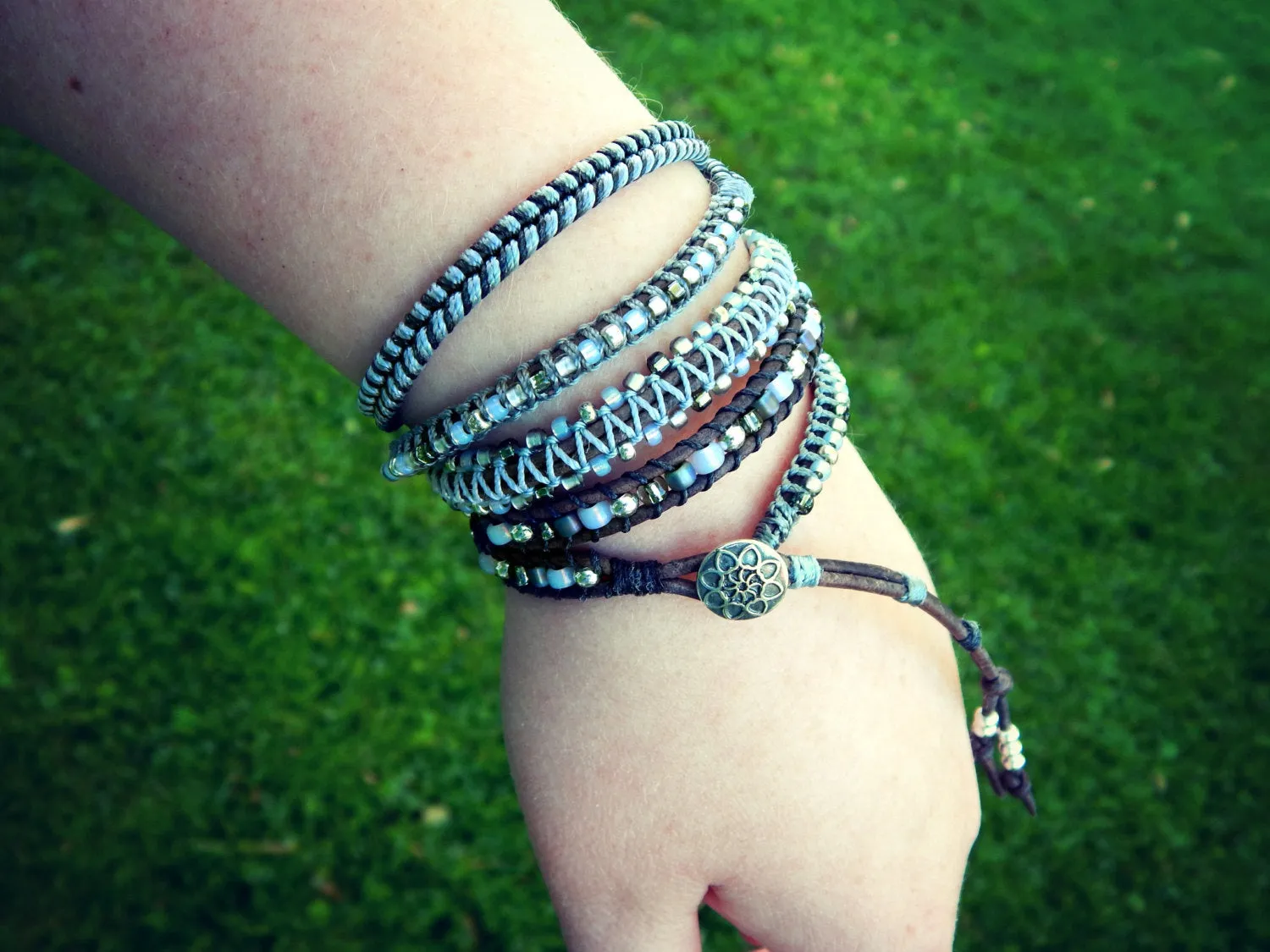 Gray and Silver Beaded Textured Macrame Leather Wrap Bracelet