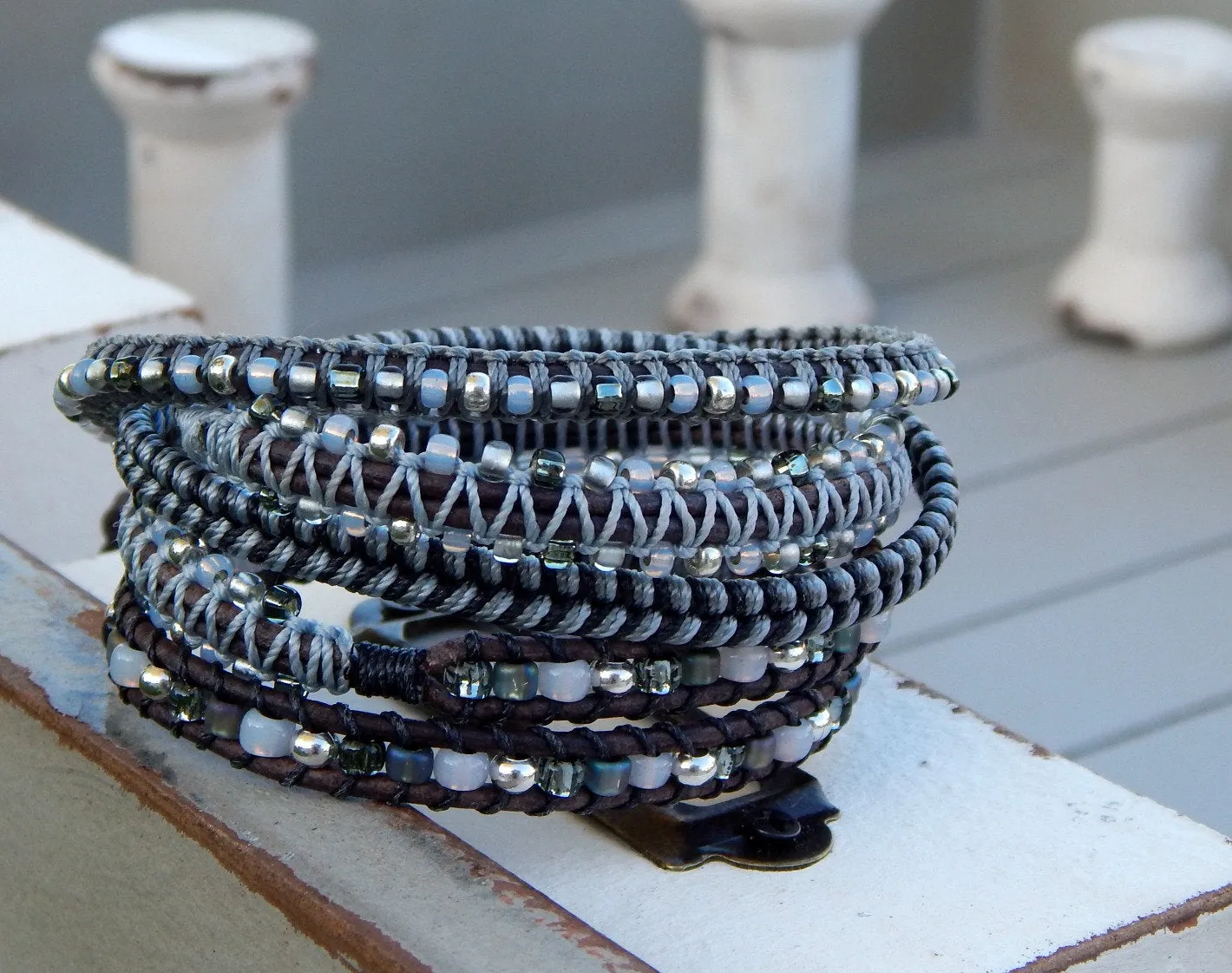 Gray and Silver Beaded Textured Macrame Leather Wrap Bracelet