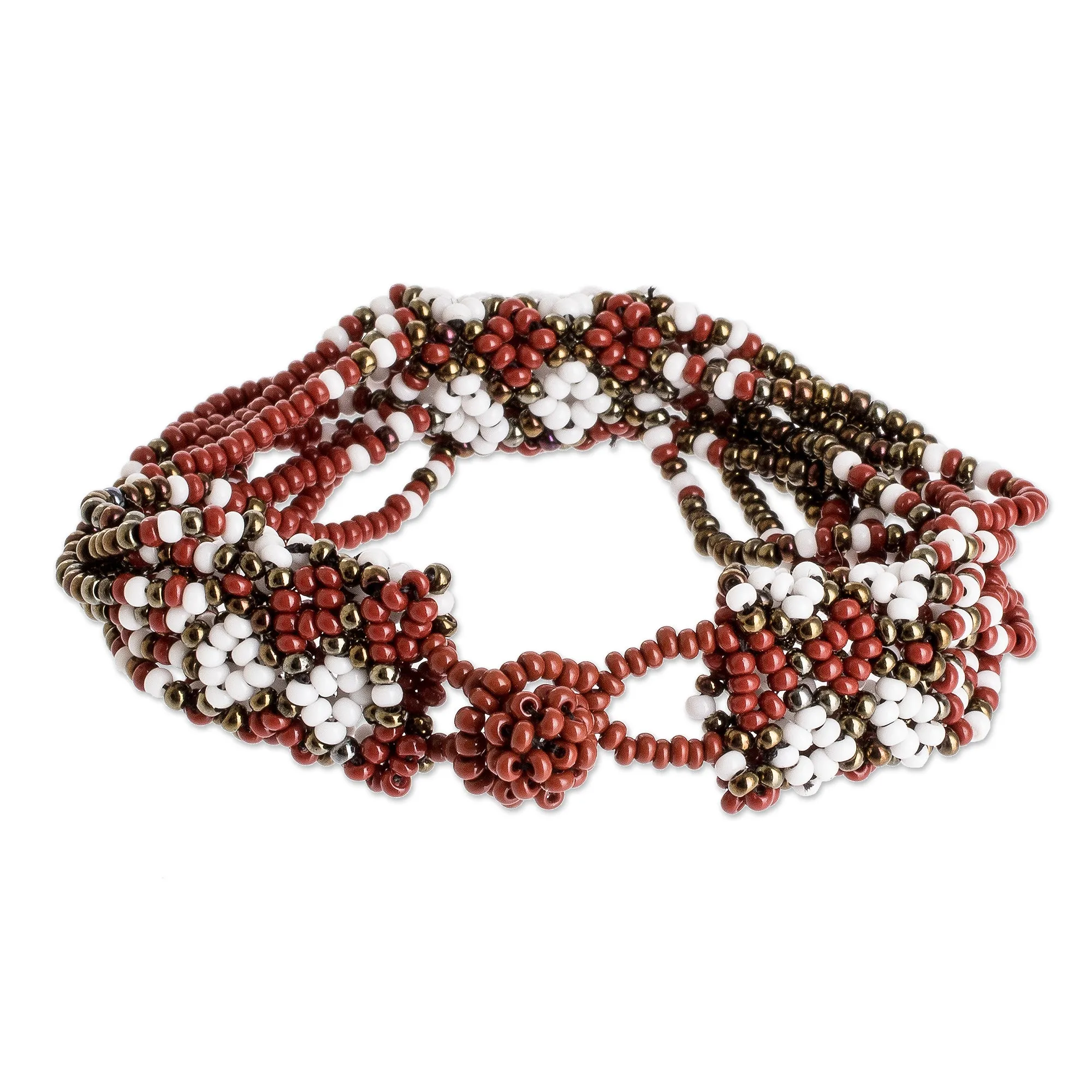 Hand Beaded Wristband Bracelet - Flower Harmony in Brick | NOVICA