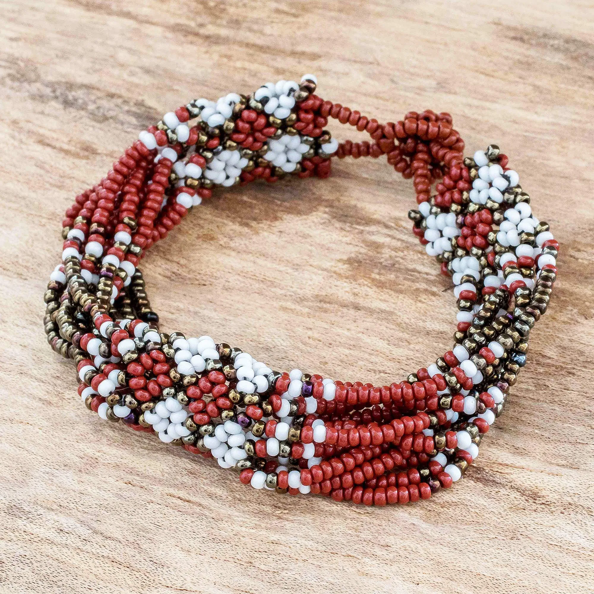 Hand Beaded Wristband Bracelet - Flower Harmony in Brick | NOVICA